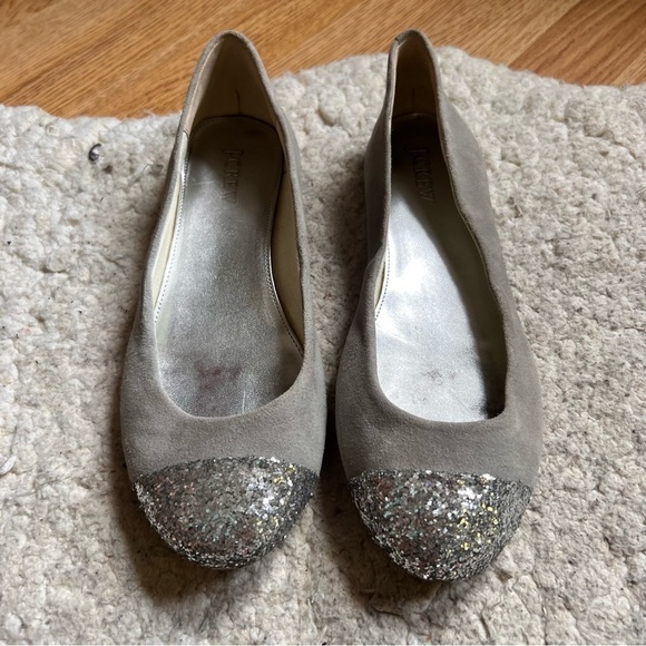 J. Crew: Gray and Metallic Glitter Silver Dipped Toe Ballet Flats Size 7 - Picture 2 of 10